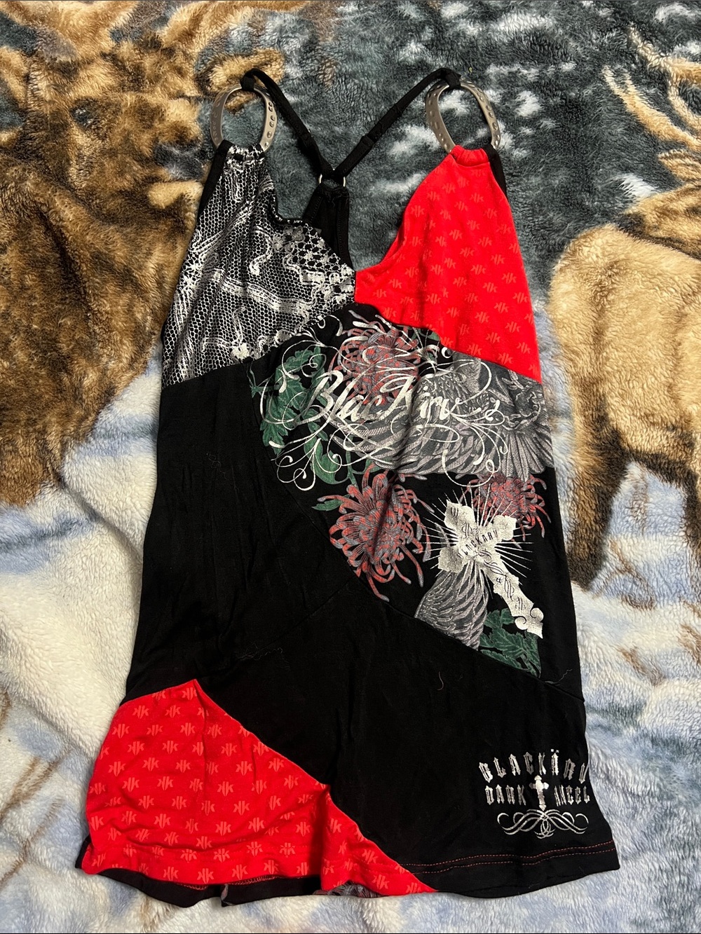 Black and Red Graphic Ring-Strap Tank Top